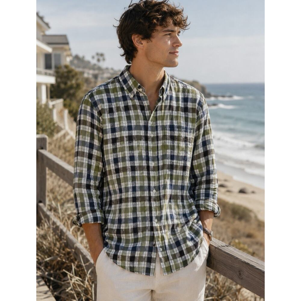 Vince Linen Button Down Long Sleeve Plaid Shirt Size L Green Navy Preppy Coastal